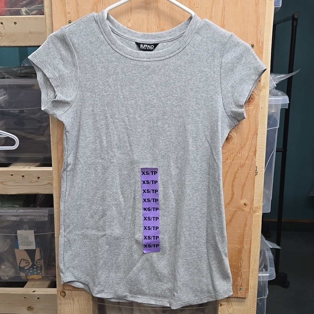 Buffalo David Bitton Size XS Grey Crew Neck Rib Knit T-Shirt